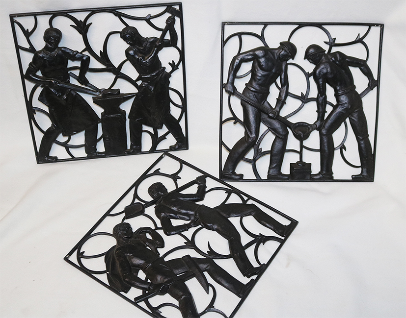 Gusseiserne Reliefs "Schmiede & Bergbau" (Set, 3 tlg, je 30 x 30 cm)